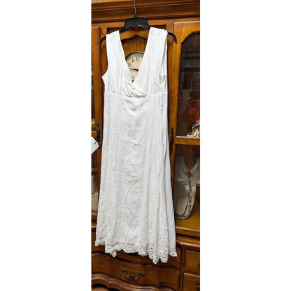 Liz Claiborne White Linen Midi Eyelet Trim Sleeveless Casual Summer Dress Siz 14