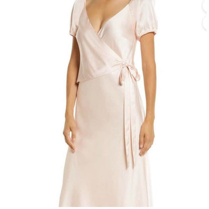 WAYF The Bea Faux Wrap V-Neck Dress New Satin Maxi Formal Wedding PINK Size 8