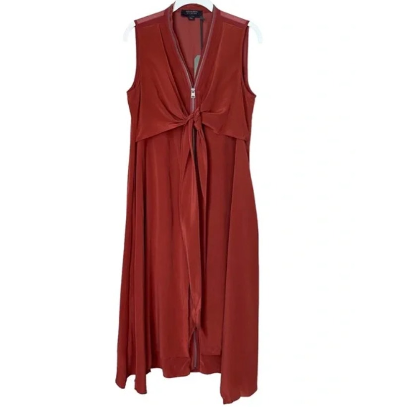 All Saints Jayda Rust 100% Silk Sleeveless Zip Front Midi Dress Sz 2 Grunge Fall
