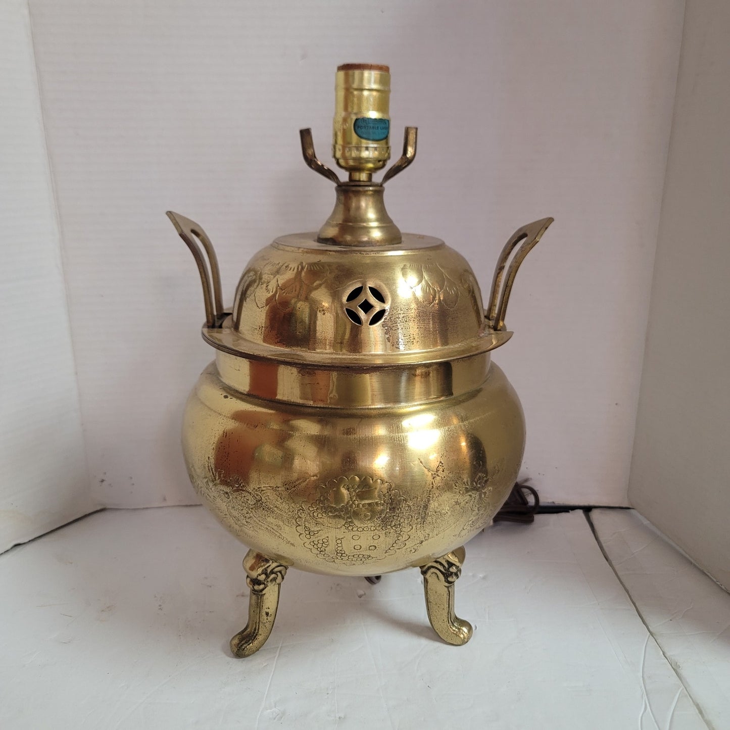 Mid Century Large Asian Brass incense burner table lamp 1960's Dragon Motif