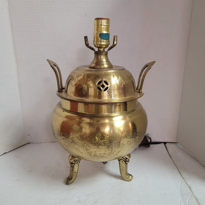 Mid Century Large Asian Brass incense burner table lamp 1960's Dragon Motif