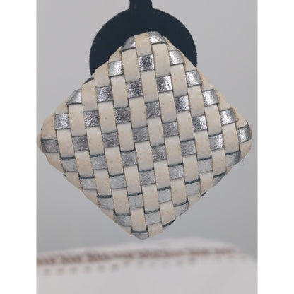Vintage Woven Pattern Diamond Post Earrings Cream Silver Retro Chic