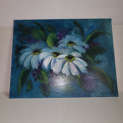 Painting Floral 14" x 11" Unframed Signed blue White Purple Daisies Daisy Board
