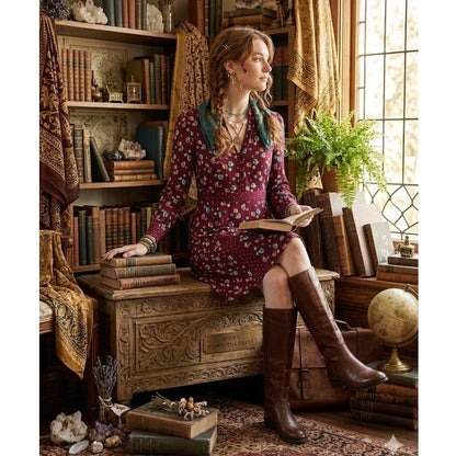 Boden Christina Dress Floral Print Size 6 R Long Sleeve Burgundy Knee Length