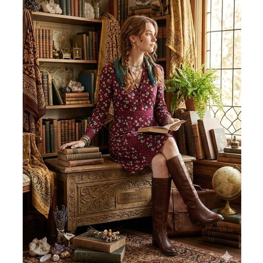 Boden Christina Dress Floral Print Size 6 R Long Sleeve Burgundy Knee Length
