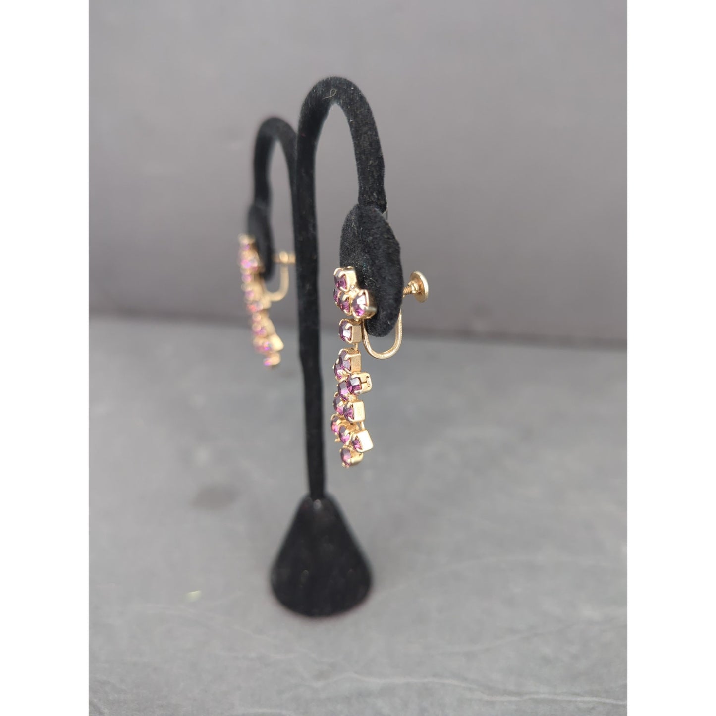 Vintage Gold Tone Purple Rhinestone Cross Dangle Earrings Screw Back Retro 1960s