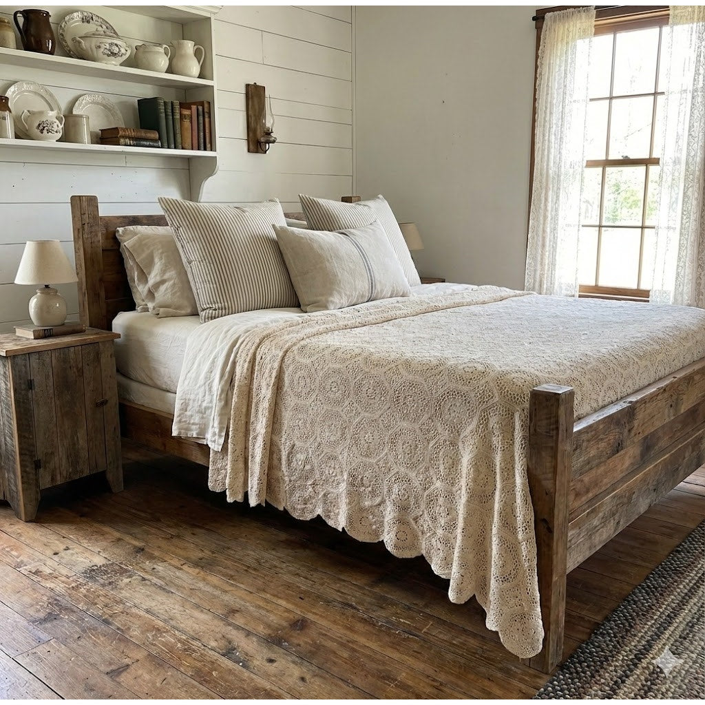 Handmade Crochet Cream Blanket Coverlet Blanket Stars Medallion 72" x  86" x