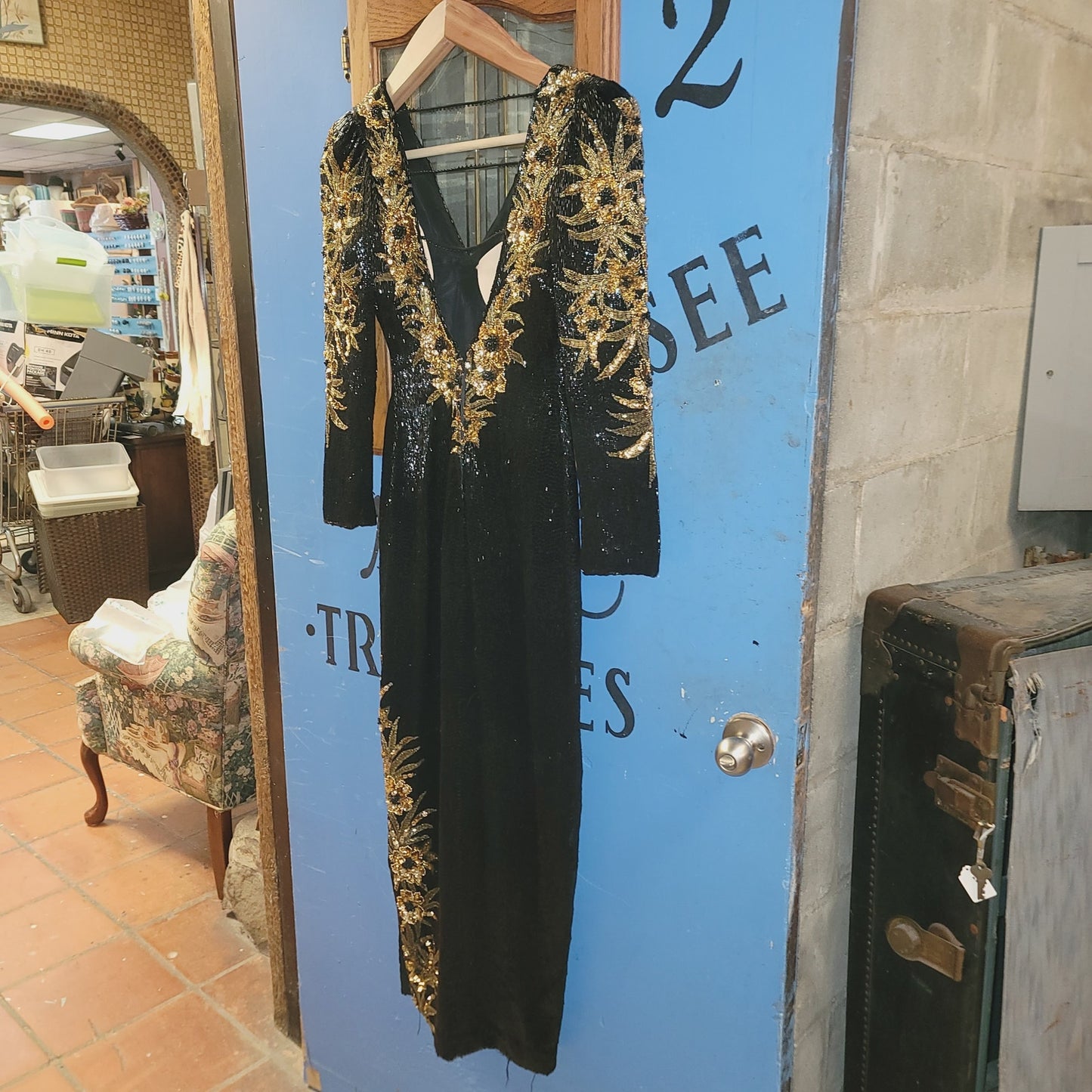 Sho Max SILK heavy beaded sequin dress 80s Vintage Formal SMALL gown Black Gold