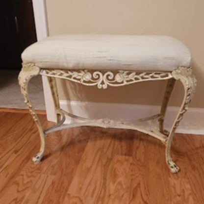 Secondhand Sandies: Vintage Ornate Cast Iron Vanity Bench with Cream Fabric Cushion