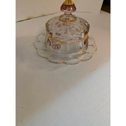Vintage Mosser Glass Cherry & Cable Butter Dish Clear Pressed Gold Trim 5.5"