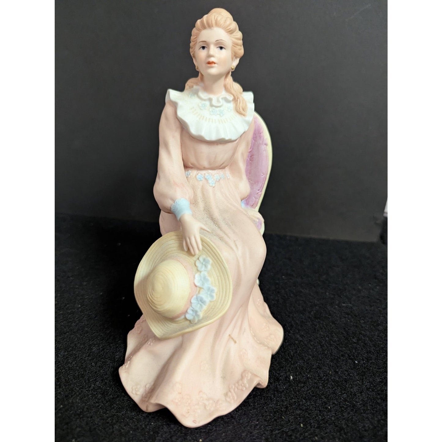 Vintage Bisque Porcelain Seated Victorian Lady Figurine with Hat