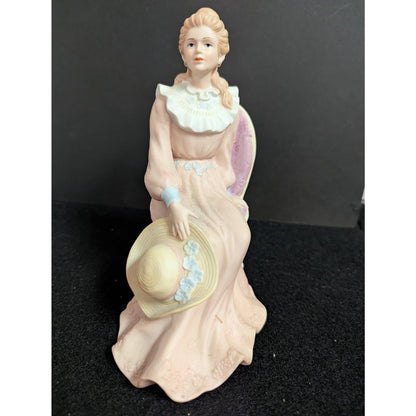 Vintage Bisque Porcelain Seated Victorian Lady Figurine with Hat