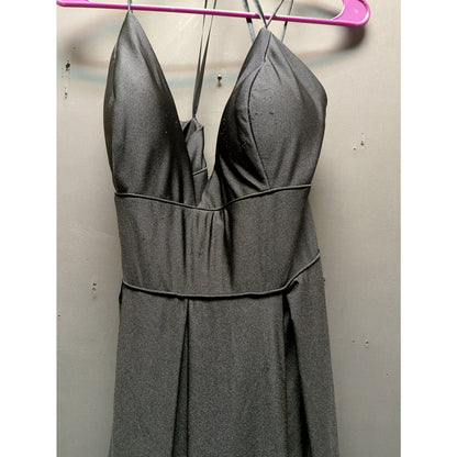 Leena for Mac Duggal Metallic Gray Plunging Halter A-Line Maxi Gown Dress 14 NWT