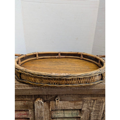 Vintage Rattan and Wicker Oval Serving Tray with Woven Trim and Handles