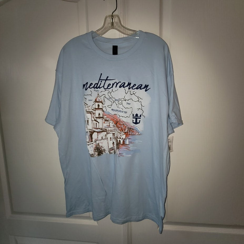 NWT Royal Caribbean Mediterranean Cruise Lt Blue Graphic T-Shirt Gildan Size XL
