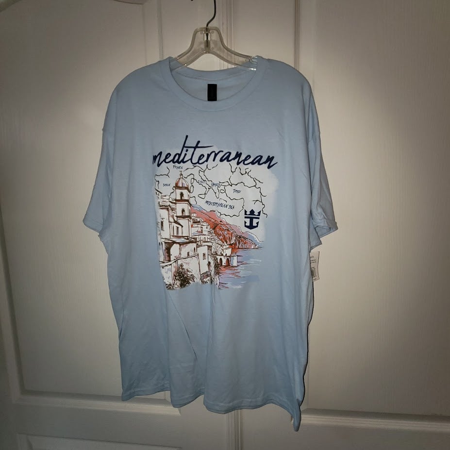 NWT Royal Caribbean Mediterranean Cruise Lt Blue Graphic T-Shirt Gildan Size XL