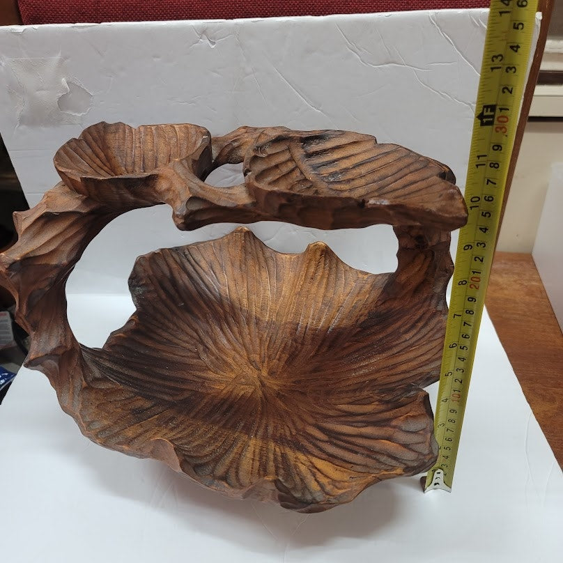 Vintage Hand Carved Burl Wood Rustic Leaf Shaped Basket W/ Handle MCM Brutalist