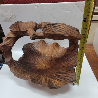 Vintage Hand Carved Burl Wood Rustic Leaf Shaped Basket W/ Handle MCM Brutalist