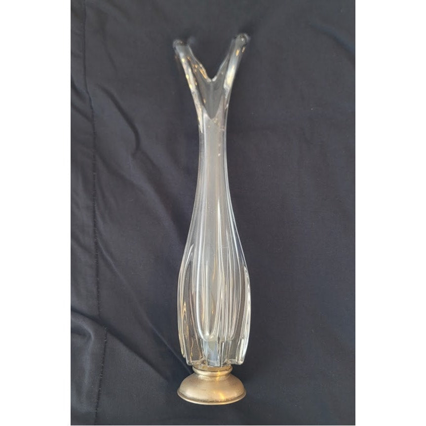 Crystal 12"  clear glass swung vase with Silver Stamped base 1960's V top taper