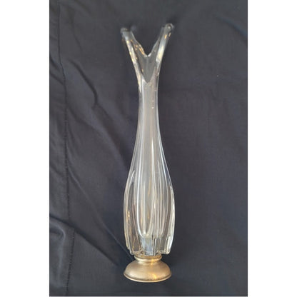 Crystal 12"  clear glass swung vase with Silver Stamped base 1960's V top taper
