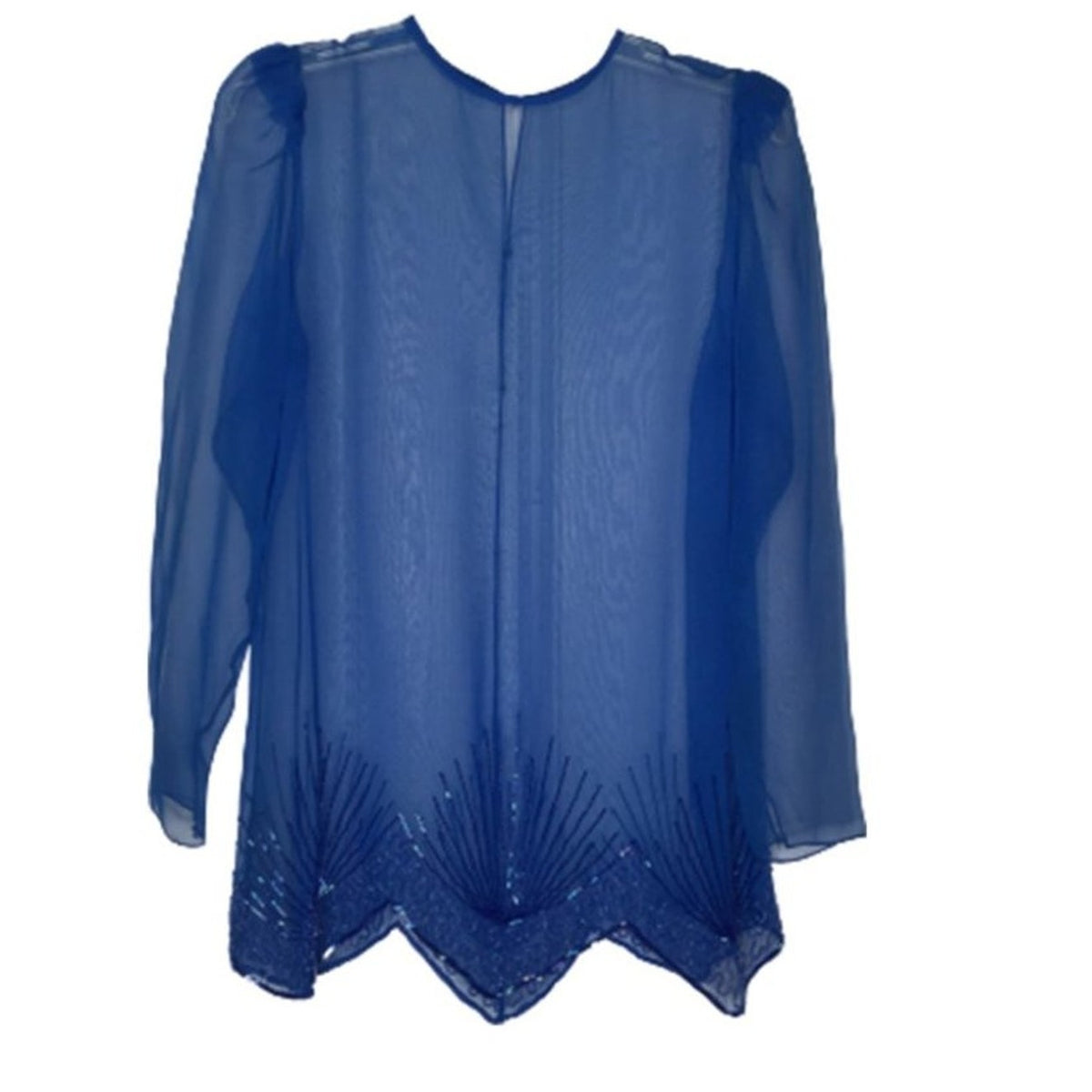 VINTAGE Sheer Blouse Beaded Top Long Sleeve Scope Neck Blue Size Medium