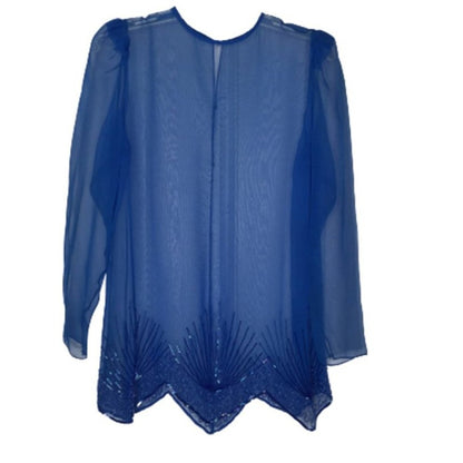 VINTAGE Sheer Blouse Beaded Top Long Sleeve Scope Neck Blue Size Medium