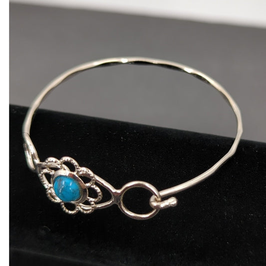 Vintage Fashion BRACELET Silver Tone faux Turquoise Center Wire flower motif