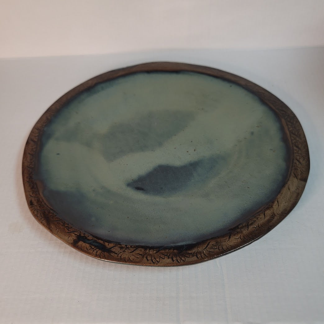 Handmade Studio Pottery Platter 15" Round Etched Rim Earthy Glaze Stoneware