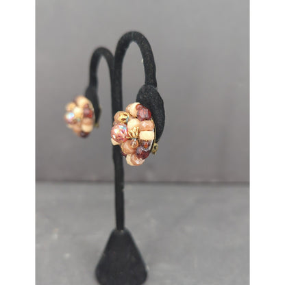 Vintage Faux Pearl Rhinestone Cluster Clip On Earrings W Germany Retro Glam
