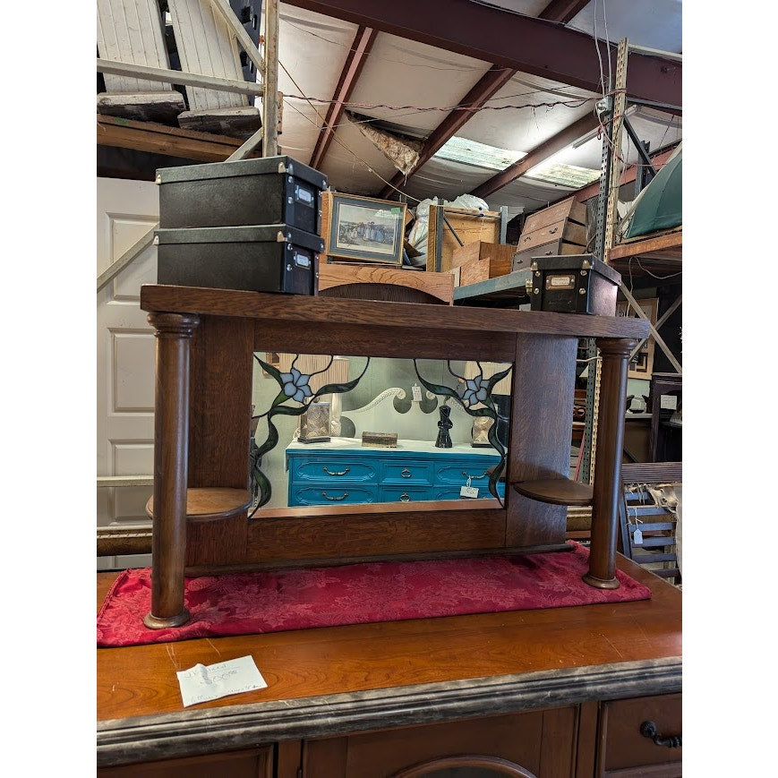 Secondhand Sandies: Buffet/ sideboard Mirror topper shelf stained glass tiger oak wood 47x12x27.6