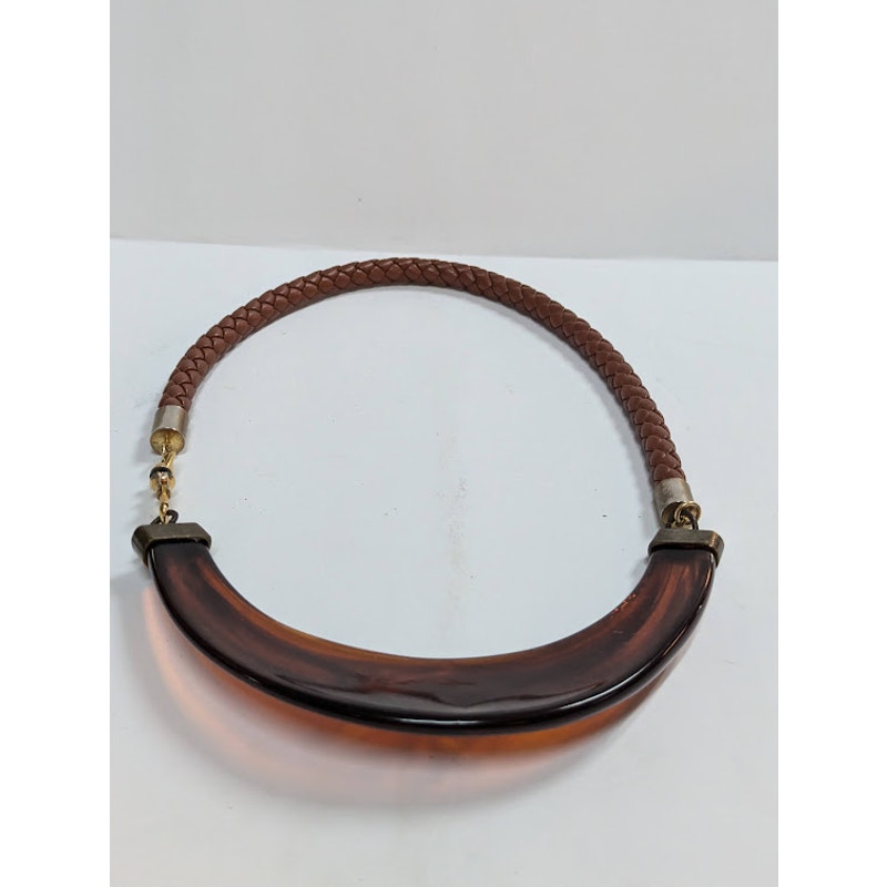 Vintage Statement Faux Tortoise Shell Crescent Choker Braided Leather Strap Y2K