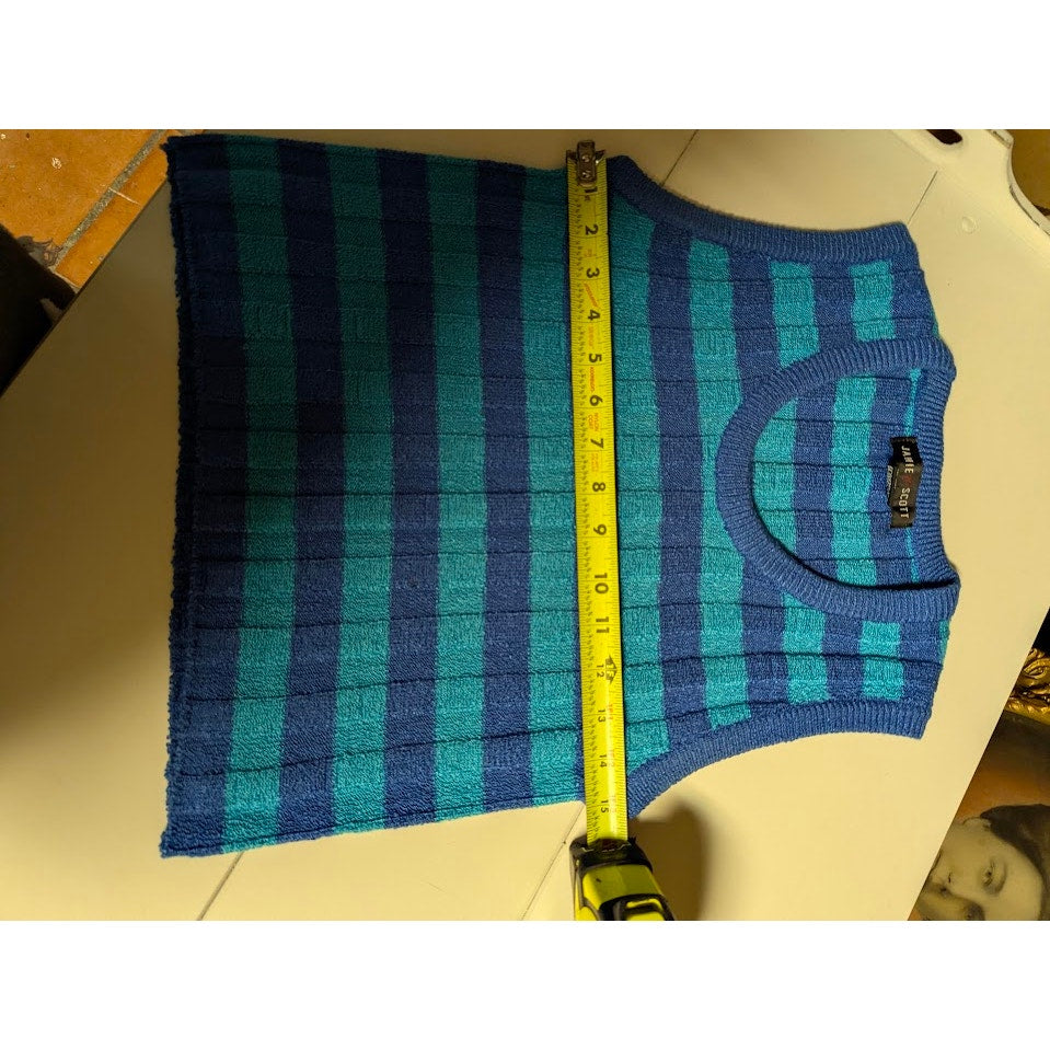 Jamie Scott knit Large Blue Teal striped Sleeveless Sweater top preppy 90s Mod