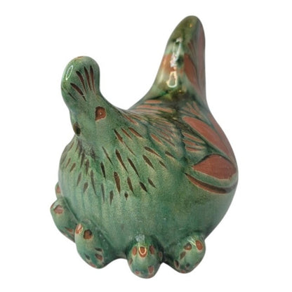 Hen and chicks Handmade pottery green clay incised design 7" x 5" Art Pottery