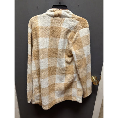 C&C California Cardigan Plaid Sherpa Jacket Medium Brown Cream Open Front NEW