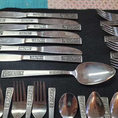 Lot 35 pcs. National Stainless Japan Rambling Rose Silverware W5 MCM Tiki