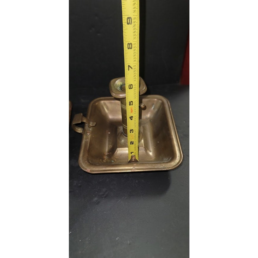 PAIR Beautiful Antique Brass Candle Holder With Wax Reservoir and handle Push Up