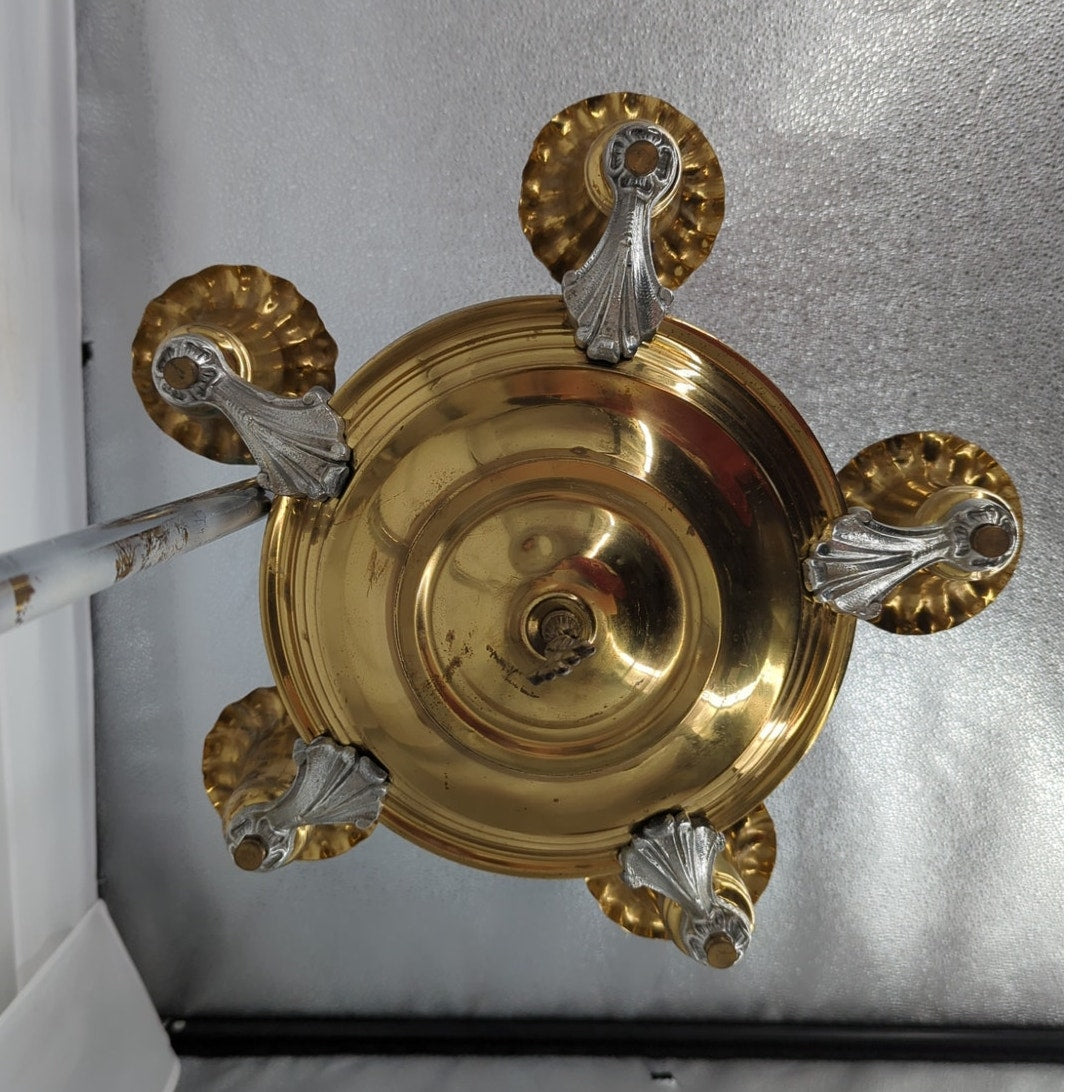 Vintage 5-Arm Two-Tone Brass & Chrome Chandelier Tulip Shades Hollywood Regency