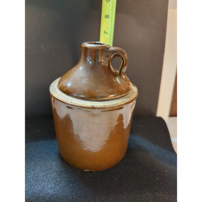 Vintage Stoneware Moonshine Whiskey Jug Brown Glaze Antique Country Cabin Crock