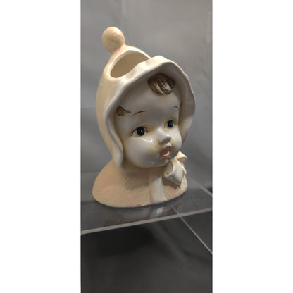 Vintage 1950s Snowbaby Head Vase Planter Bonnet Kitsch Collectible MCM