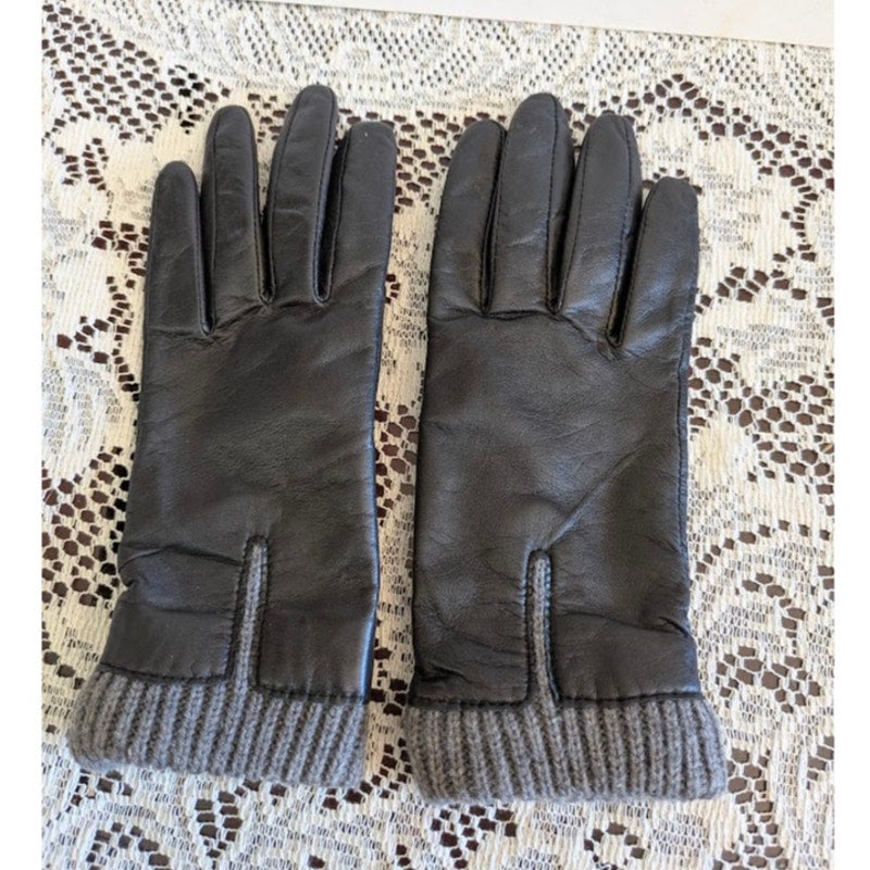 Charter Club Black Leather Gloves Grey Knit Cuff Large Corpcore Winter Warmth