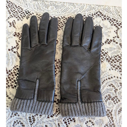 Charter Club Black Leather Gloves Grey Knit Cuff Large Corpcore Winter Warmth