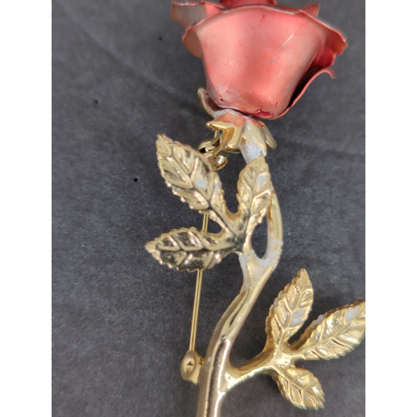 Vintage Metal Rose Flower Stem Brooch Pin Gold Tone Carved Style Petals