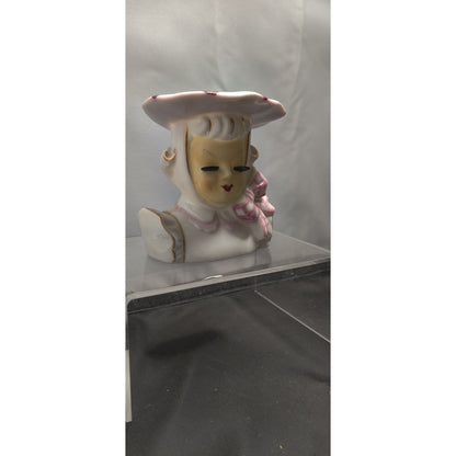 Vintage Ceramic Lady Head Vase Planter Pink Bow 3.6" tall 1950s Wide Brim Hat