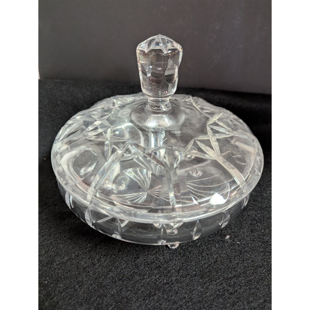 Vintage clear crystal lidded footed vanity powder bon bon candy dish cut pattern