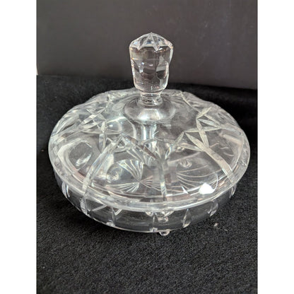 Vintage clear crystal lidded footed vanity powder bon bon candy dish cut pattern