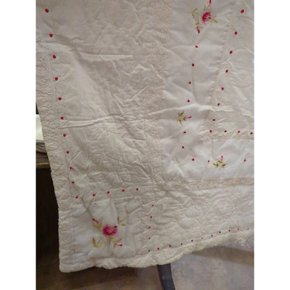 comforter Quilt NEEDS REPAIR shabby chic pink green cream 80" c 90"