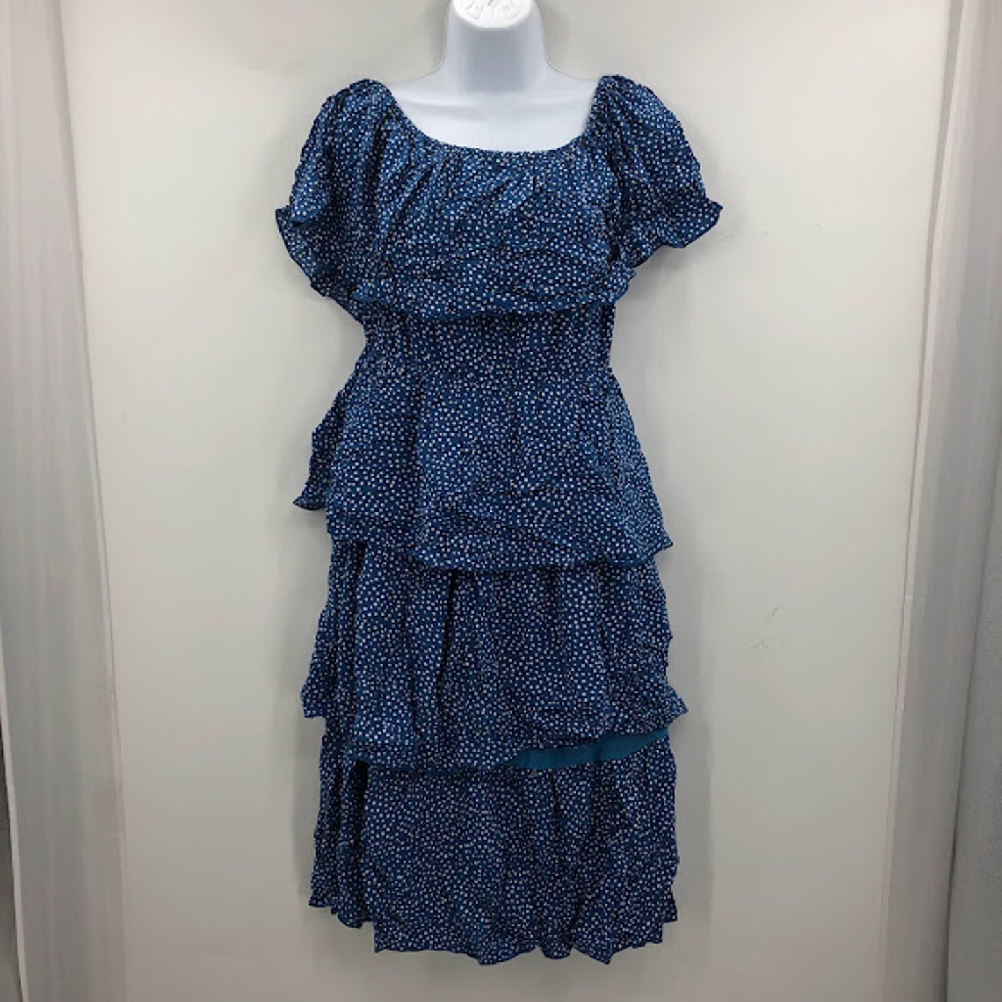 Blue Polka Dot 3 Tiered Ruffled Butterfly Sleeve Dress LARGE
