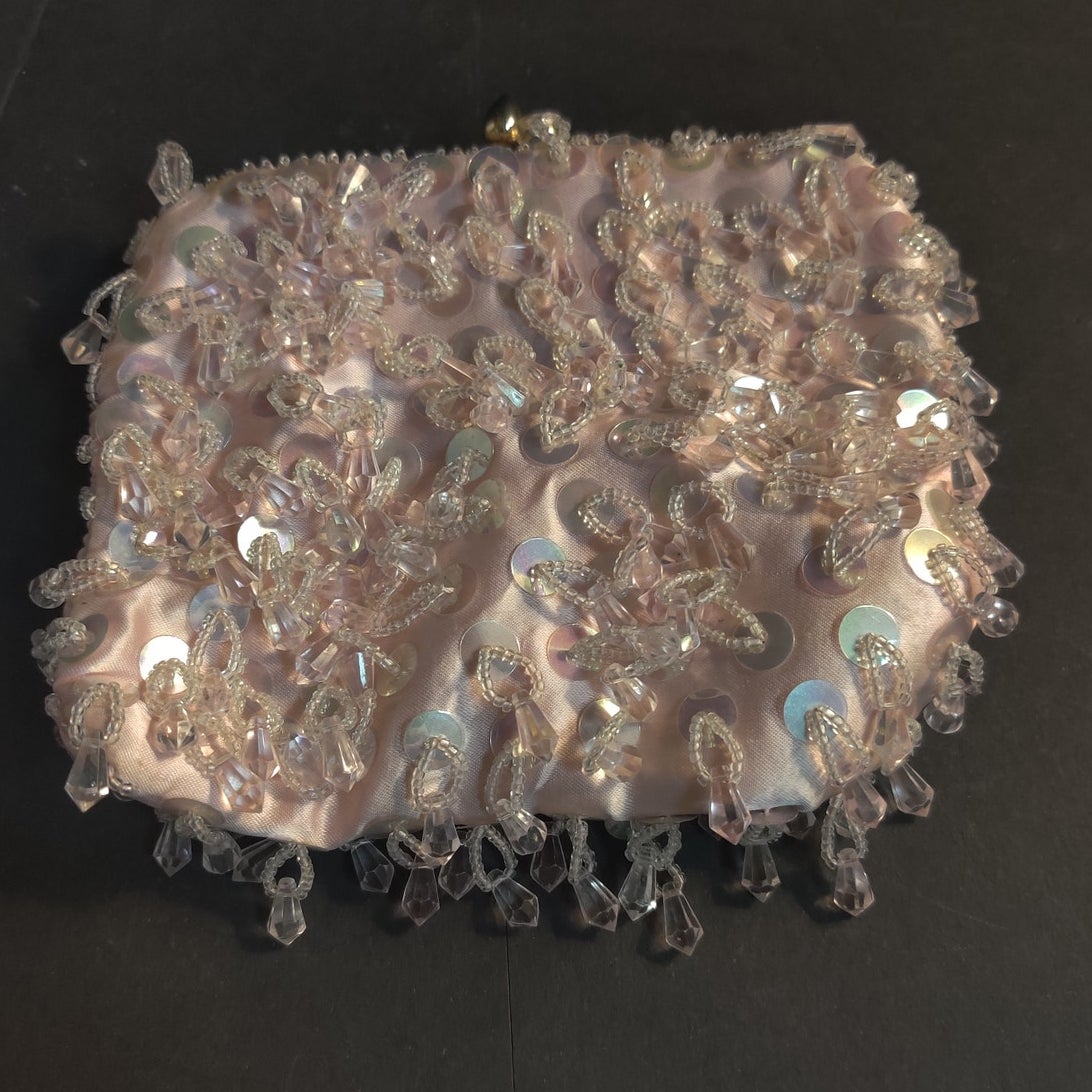 Vintage Pink Sequin Beaded Loop Handbag Party Glamour Y2K Evening Bag