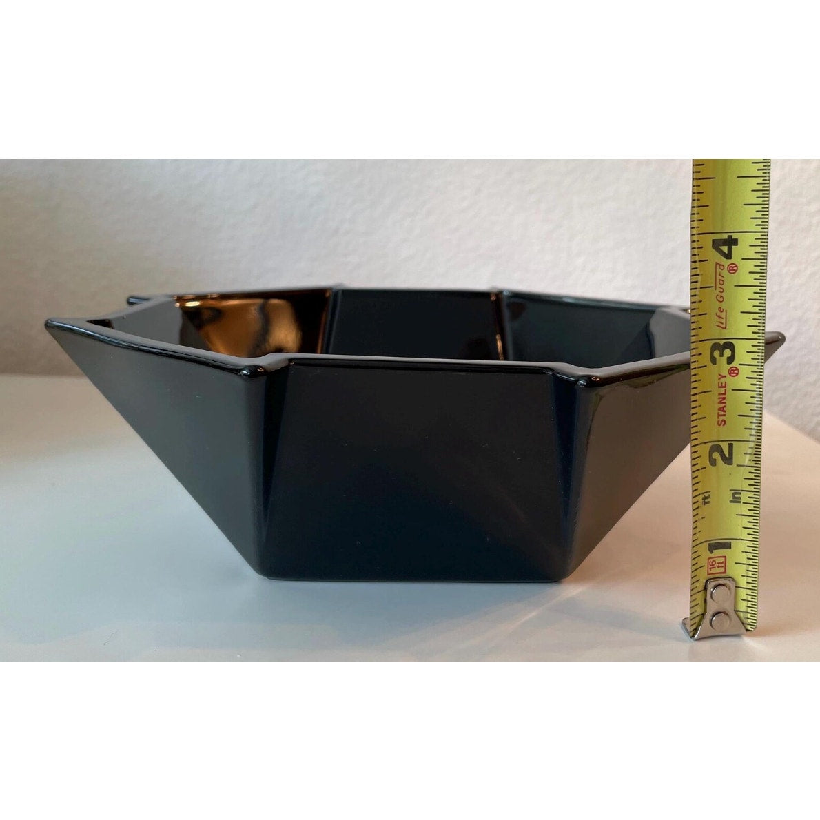 3 pc. Fostoria Black Glass Bowl & Pair Matching Candle holder Geometric Sakier