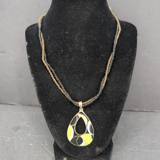 Vintage Double Strand Beaded Teardrop Pendant Necklace Mid-Century Modern
